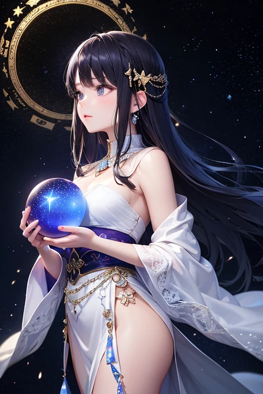 ((facing front:1.5)),Female fortune teller. Attractive, beautiful and mysterious. She wears a blue cloak and has distinct features. The atmosphere is bright and sparkling, full of anxiety and anticipation. A fortune teller is standing there. The body is facing forward. he is looking at you He holds a crystal ball in his right hand. The lighting in the room is bright, creating a magical atmosphere. Best picture quality, 4k or 8k resolution. The level of detail is very detailed and realistic, close to photorealism. Artistic style should reflect an official aesthetic with bright colors and strong contrasts. The color palette should emphasize the mystical and mystical theme of the work. The fortune teller's cloak is decorated with metal edging with a thickness ratio of 1.5 and intricate designs. The overall atmosphere is magical, like a starry sky. The expression on the fortune teller's face should arouse mystical interest.