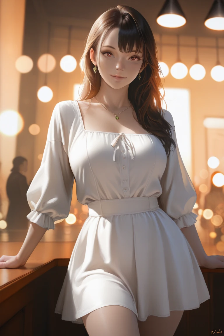 24 year old Caucasian female、Red hair、Inner Color((colored inner hair))、Triple tail((tri tails))、Gradient color hairstyle ((gradient hair))、Long eyelashes((longeyelashes))、Long knit dress（knit dress）((Covers up to the wrist))wear、Being in a museum