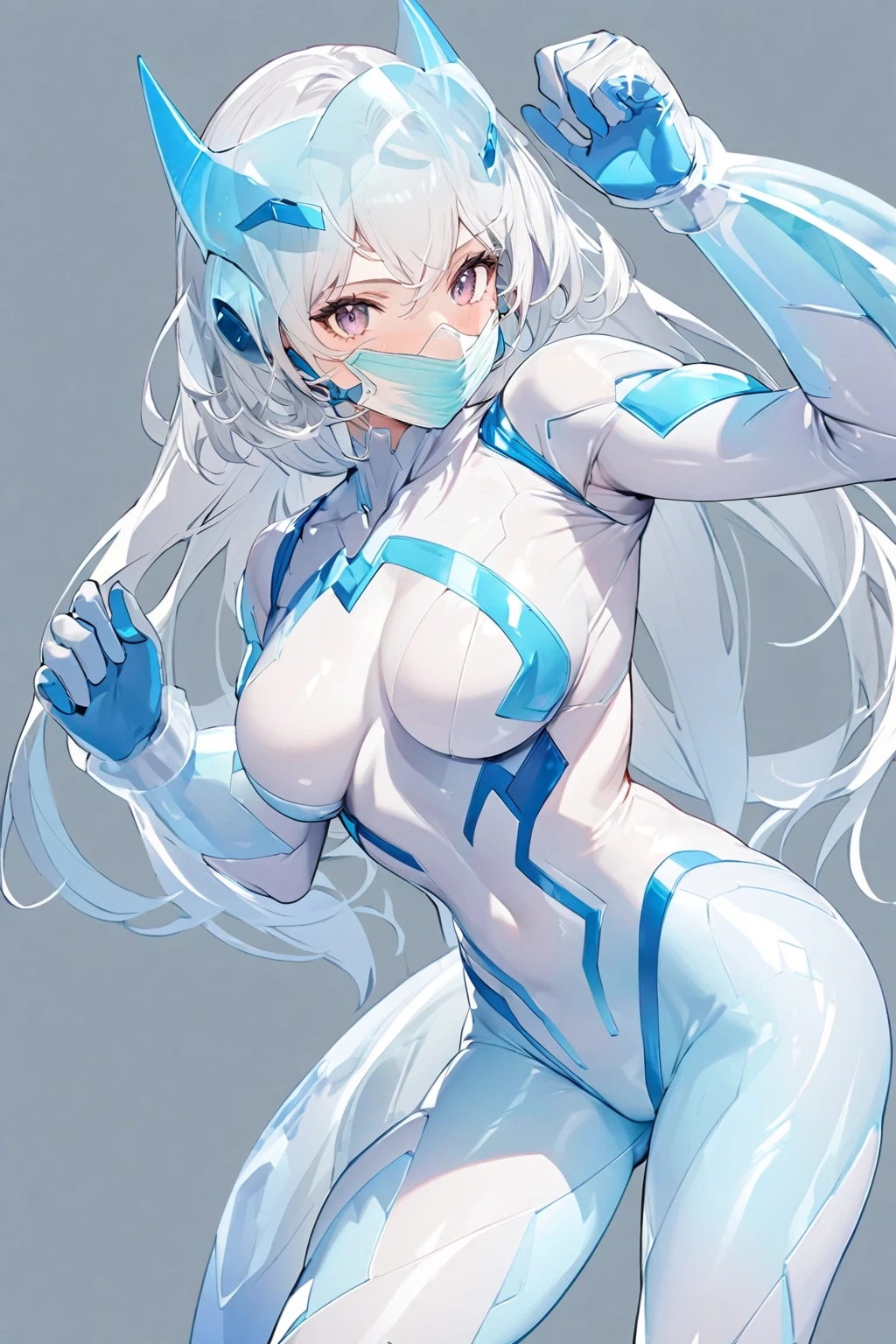 1girl, white hair, long hair, vr visors, visors, head-mounted display, ((covered eyes)), covered eyes, bodysuit, white bodysuit, science-fiction, machinery, futuristic, tech, blue trim, blue neon trim, neon, neon trim, large breasts, thick thighs, wide hips, swaying hips, hip sway, sway, arms behind back, arms up, smile, hands behind back, dance
