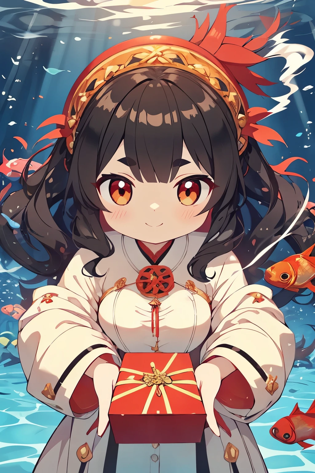 28 years old、Japanese woman、Standard body type、dark haired、long hair、wavy perm、Fluffy Hair、Long face、Dark eyebrows、cheeks are slightly red、Rounded chin 、Hand structure based on perfect anatomy、（holding a small box here with a smile 1：1.7）、（A glossy black box with a red string 1：1.6）、（When the sun shines brightly under the sea, the background of the red dragon in the castle 1：1.7）、（1：1.4）target up、C-cup bust、wearing a silk pale blue celestial maiden coat、smoke coming out of the box、Hand delivery、A thrilling expression、in the beautiful sea、（Beautiful and cute fish are swimming 1：1.6】