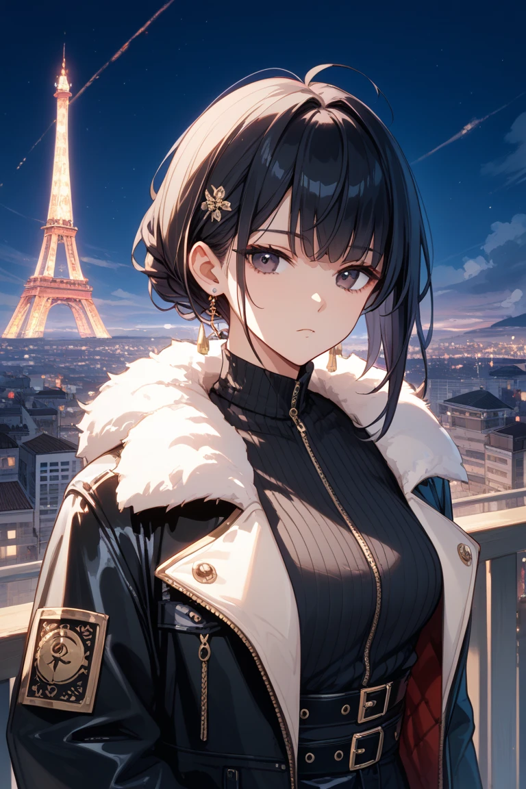 (((Masterpiece))), a top influencer woman, top quality, super detailed, cute and playful, classic blazer dress, long curly dark blue hair in high ponytail, white crop blazer, white mini skirt, lace tights, Paris city background, purple eyes, Blunt Bangs