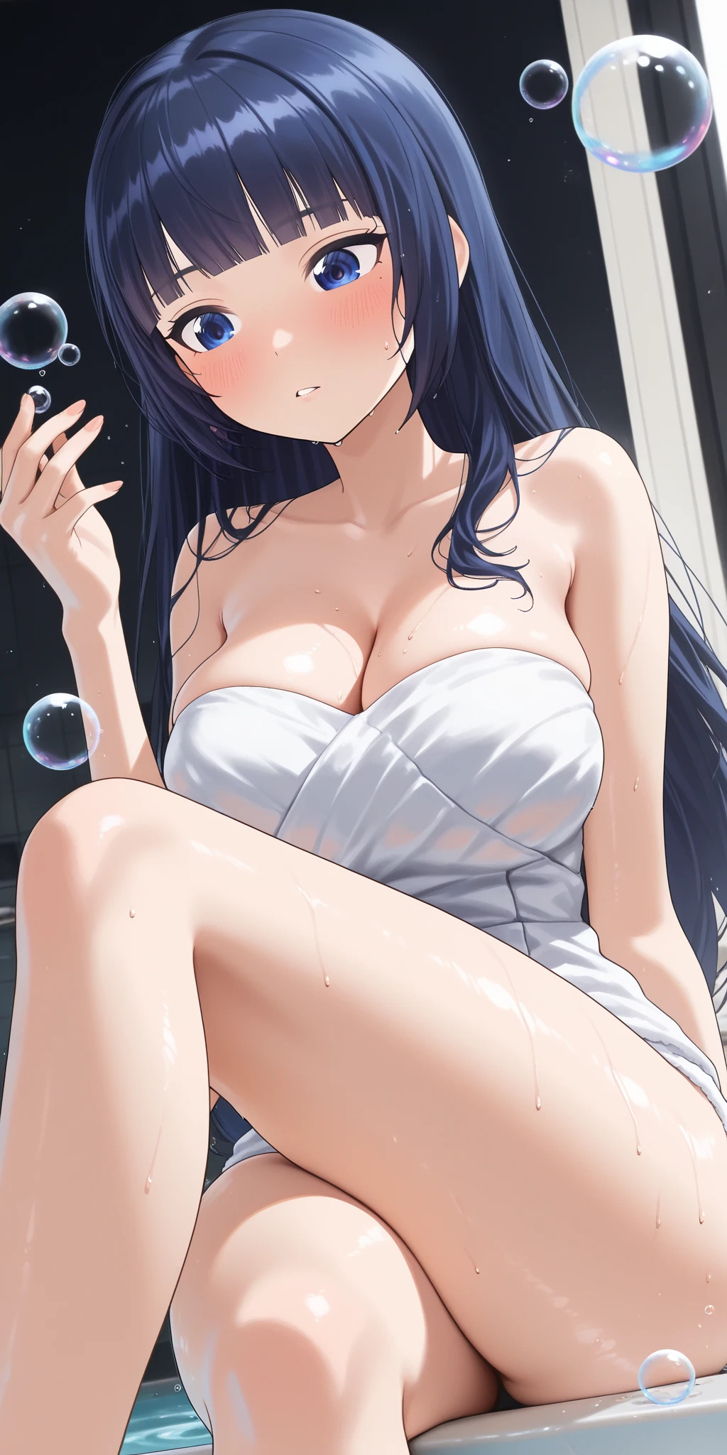 ((NSFW,Nude,female ,masturbation,dress)),beautiful, masterpiece, Highest quality, Hello, And soul, One Girl, Medium Chest, Portrait Shot, Look at the viewers, Outdoor swimming pool, Wet skin, Intricate details,>,((Covered),Leg spread,masturbation,Embarrassed face,Sweat,Navy blue hair