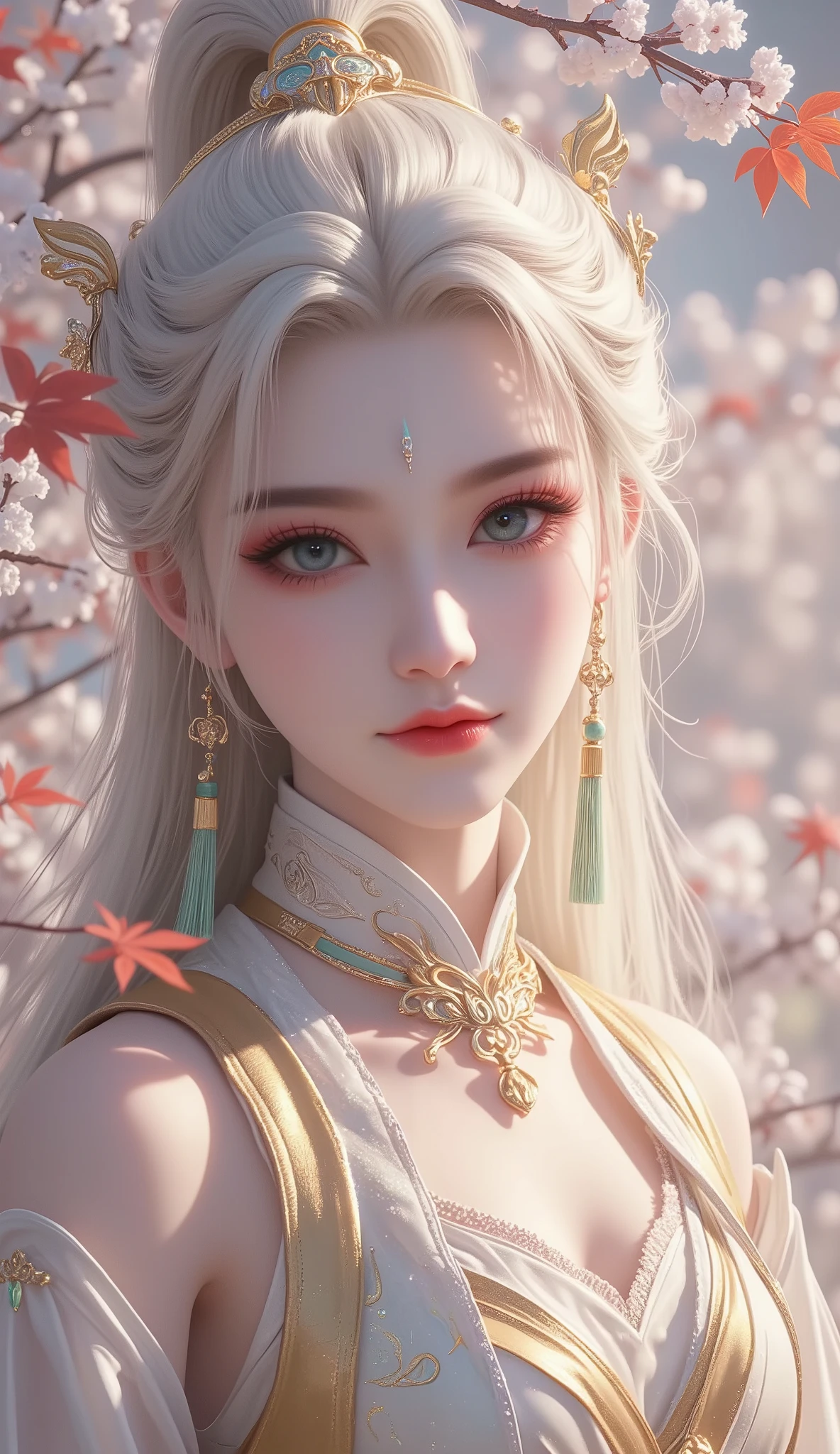 Chinese Fairy Tales character, extremely details, high detailed face, mature woman, cool beauty, living expressions, emerald eyes, expressionless, (blonde hair), highlight, high ponytail, shiny silky, long hair, tassel earrings, gold Hair tube, iridescent, (gold oriental hanfu, Sleeveless, high collar top, leather, white trim, traditional styles, tight clothing), delicate and dynamic textures, contrasts of light and shadow, Ancient Chinese fairy tales, CGI, artistic photography, hyper realistic, digital graphic CG, snow flower field, red maple leaf, Flowing breeze, various iridescent foggy glitter effects, brilliant light and shadow, contrast, gradation effects, highly detailed, sharp focus and contrast,