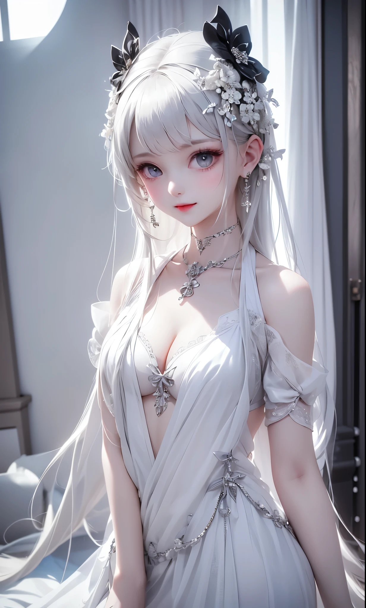 ((masterpiece:1.5,highest quality,Highly detailed images,Beautiful images、Realistic、Photorealistic、2.5D))(1girl, solo)(cute girl 、Asian Cute Girls、 medium breasts, white hair, aqua eyes、Beautiful big eyes、Sharp jaw、Small Nose、Narrow waist、Thin legs、Ideal body type、The collarbone is beautiful)(lolita fashion、Cape、Monotone clothes、Snow Field、Gothic Style)(Beautiful, shining hair, floating hair)(heavy snow、dead tree)