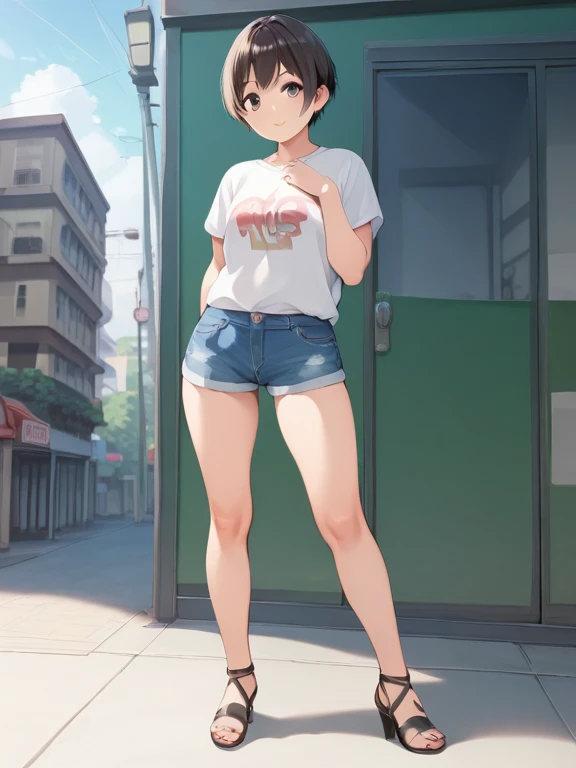(masterpiece), (absurdres), (1girl), (huge breasts), (solo), ;p, teasing, leaning forward, crop top, crop top overhang, micro denim shorts, sidewalk, backpack, short hair, one side up, hair tie, (chibi:0.7), hand on hip, hand on own face, (akanbe:1.4), collarbone, skinny, blue sky, cloudy sky, full body,