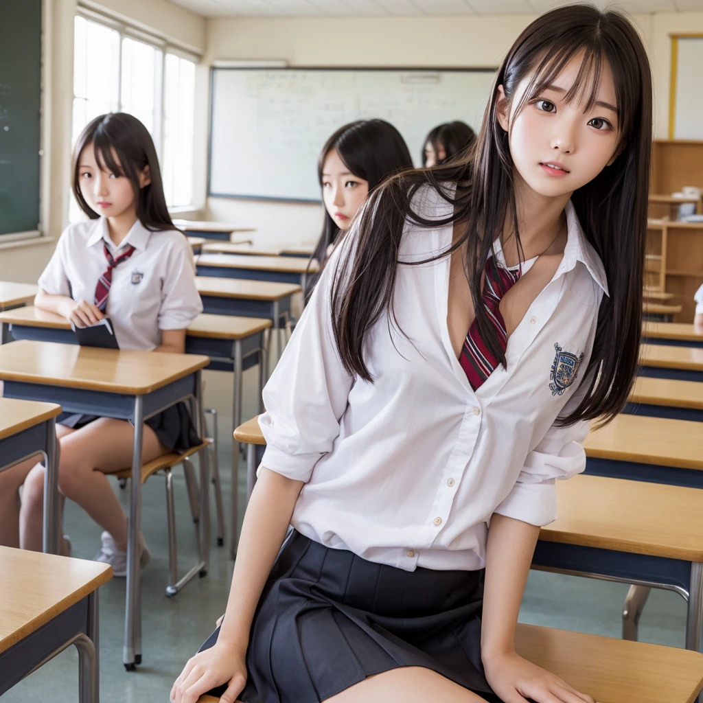 (Raw photo:1.2), (realistic), beautiful detailed girl, highly detailed eyes and face, thin and beautiful eyes, huge file size, High resolution, very detailed, highest quality, [table top:1.6], shape, very detailed, small details, highest quality, 8k wallpaper, movie lighting, Several Japanese female students, Attending class in underwear, school classroom, Their white bras are visible., Their white panties are visible,  young face, slender body, small breasts, exposed underwear, school classroomで授業中, desks are lined up, Barely