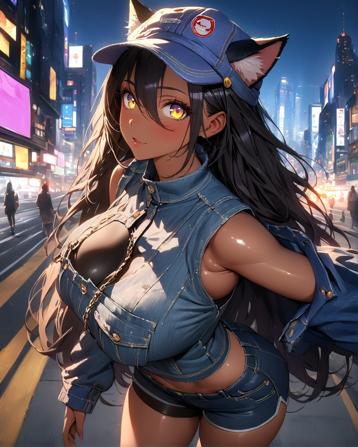 (topless), nsfw, masterpiece, 1 girl, erect nipples,nipples , high angle, intricately detailed, penthouse, swimming pool, rooftop, skyscraper, night, neon lights, crossing, crowd, navel, necklace, holding smartphone, beautiful face, denim shorts, smiling, extremely detailed, photorealistic, octane render, 8 k, unreal engine. horse ears, horse tail, bare breasts, bare stomach, sweaty, people on background, heavy breathing, detailed, cowboy shot, tongue out, winking, small breasts, large , black belt, leg strap