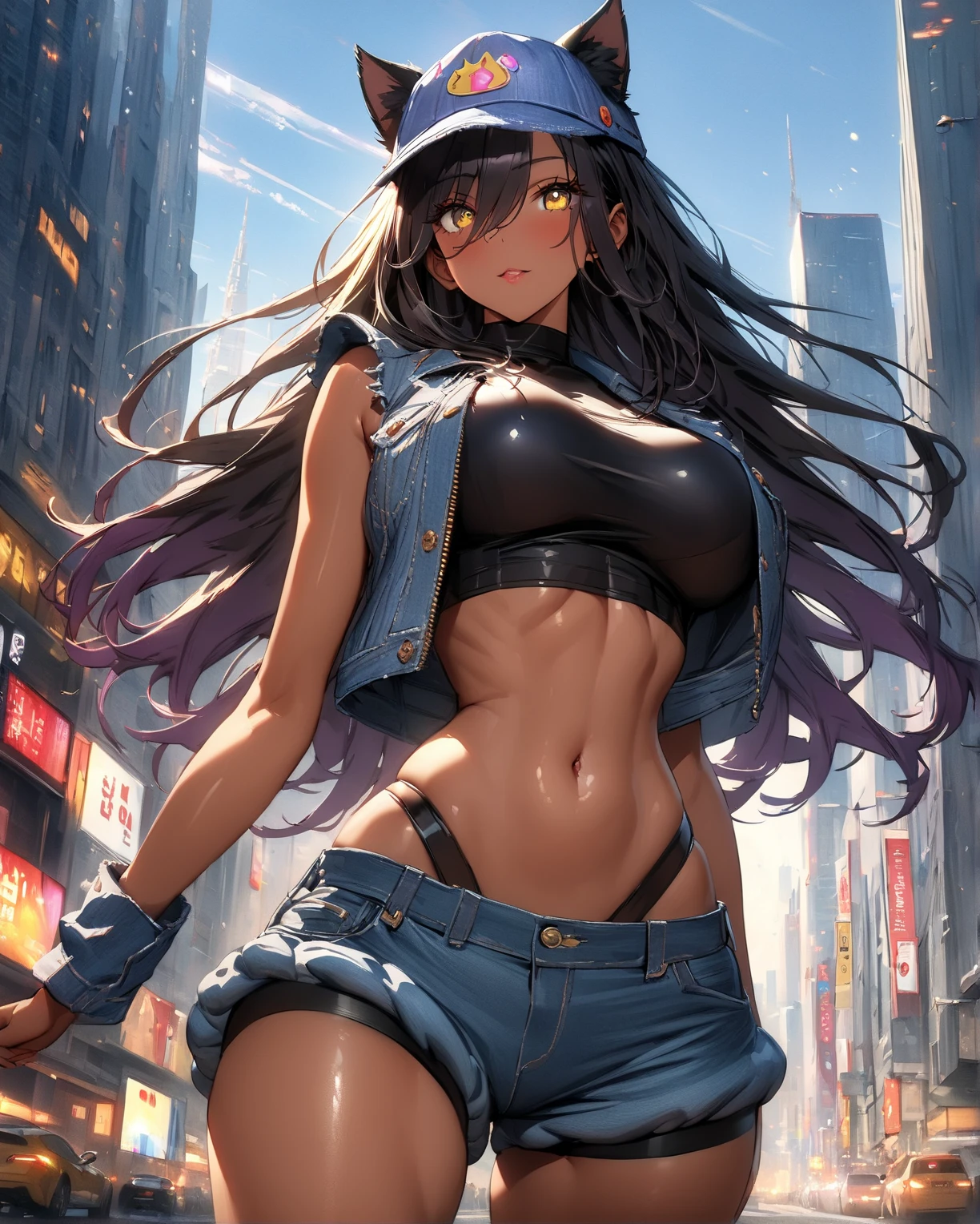 girl spacepunk,(((1girl))),((anime girl with extremely cute and beautiful black hair cat ears walking seductively down the street)),
(large breasts:1.4),saggy breasts,((((black hair,messy hair,colored inner hair,large hair,absurdly long unkempt hair:1.35,long hair,ear breathing)))),((((cat ears,cat ears on head,big cat ears)))),((pink eyes:1.3,upturned eyes:1.3,perfect eyes,beautiful detailed eyes,rainbow glows ultra-detailed deep pink purple eyes:1.1,gradient eyes:1,finely detailed beautiful eyes:1,symmetrical eyes:1,big highlight on eyes:1.2)),((fat)),(((lustrous skin:1.5,bright skin: 1.5,skin tanned,shiny skin,very shiny skin,shiny body,plastic glitter skin,exaggerated shiny skin))),(spider lower abdomen,narrow waist,wide hip,athletic body,inflated legs,delicate detailed fingers,detailed body,detailed arms,human hands,(detailed face)),
cute,slutty,seductive,erotic,(((nsfw))),
zettai ryouiki,revealing clothing,show skin,((((underboob)))),(cleavage),(semi-naked,with little clothing,((tiny thong)),bare legs,visible thong straps),((((crop top hoodie,cropped hoodie,hoodie,hoodie intricate)))),((detailed outfit,detailed clothes)),
(dynamic pose:1.0),solo focus,embarrassed,centered,scale to fit dimensions,Rule of thirds,
((((Cityscape by the ocean,oceanfront,ocean in the background,futuristic constructions and towers that come out of the water)))),thick clouds,very cloudy sky,futuristic cityscape,((synthwave theme background)),((detailed background:1.25)),
(best quality,high resolution,sharp focus,ultra detailed,extremely detailed,extremely high quality artwork,(realistic,photorealistic:1.37),8k_wallpaper,(extremely detailed CG 8k),(very fine 8K CG),((hyper super ultra detailed perfect piece)),flawless,(((masterpiece))),illustration,vibrant colors,(intricate),High contrast,Selective lighting,Double exposure,HDR (High Dynamic Range),Post-processing,Background blur,