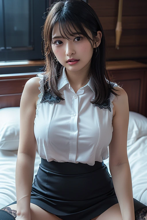 (1 lady), (Best quality at best:1.4), (ultra - detailed), (extremely detailed CG unified 16k), A Beautiful Woman with Perfect Figure: 1.4, Sharp Focus: 1.2, very detailed, High-definition RAW color photo, professional photoshooting, amazing face and eyes, cosmetics, (amazingly beautiful girl), ((Sonozaki Shion)), ((yellow ribbon, white shirt, blue necktie, blue skirt, black kneehighs)), standing, sexyposture,(Stylish urban landscape, day light), (look from down), realistic cinematic face, head to feet long wide zoomed out view, full body long view, photorealistic, ((realistic natural green hair style, green eyes, long hair)), gorgeous, extremely beautiful face, perfect model beauty, pout mouth, Highly Detailed Face and Skin Texture, Detailed Eyes, Double Eyelids, Big Breasts, Smile, cleavages, western, (masterpiece), best quality, high resolution, extremely detailed, detailed background, depth of field, cinematic lighting, amazing legs, clear and well-cared skin, (((woman occupies most of the picture)))