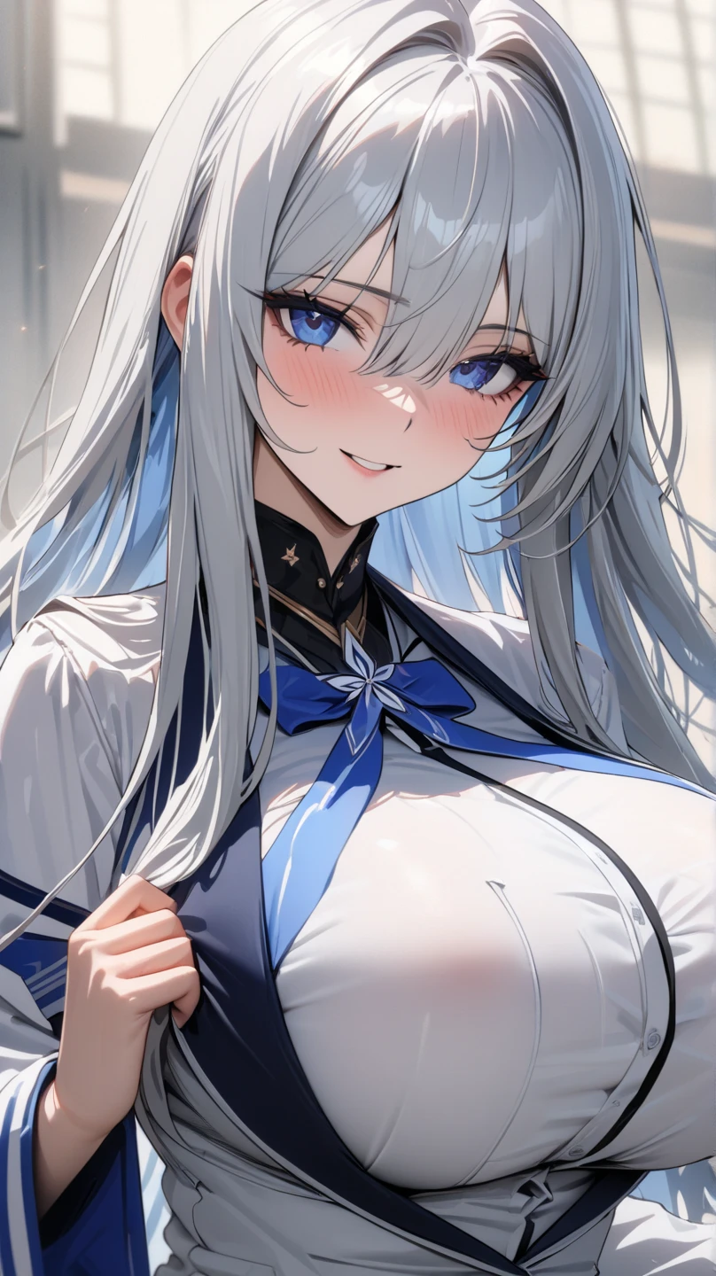 One Girl (masterpiece, round_iris, very crisp crystalline shiny blue eye, perfection_anatomy, very_charm_Hypnotic_mysterious_eye, ) perfection face, Long silvery hair, blush, A shy smile, Big Breasts、Shrine maiden、 Sleeping and waking up、 Back view of tying hair, Vibrant colors, Highest quality, 4K、Gray Hair、Off-the-shoulder tops