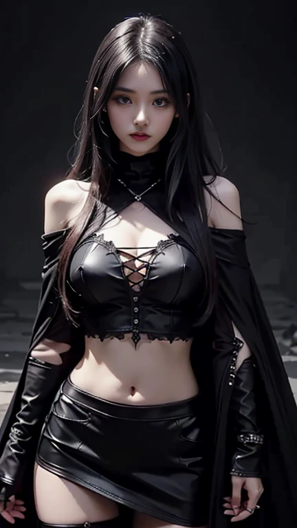 Gothic style photorealistic. 1girl, tattoo, long hair, solo, navel, detailed eyes, jewelry, bracelet, choker, small breasts, looking at viewer, realistic, necklace, ((purple skirt)), bare shoulders, thigh highs, Dark, mysterious, haunting, dramatic, ornate, detailed
