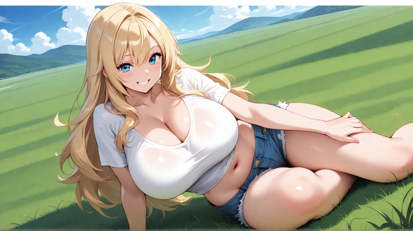 araffed woman in a yellow top and denim shorts squatting on the grass, amouranth, better known as amouranth, blonde goddess, alexa grace, young beautiful amouranth, ava max, perfect blonde haired girl, giant stunning goddess shot, perfect body, anna nikonova aka newmilky, ross tran style, wearing a cute top, yellow sneakers, highly detailed face, beautiful face, cleavage, wit studios anime style