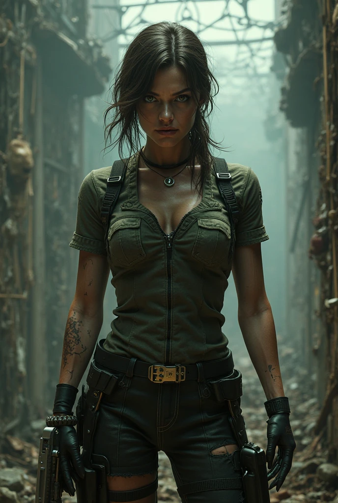 hermoso sniper woman, Cara de Oriente Medio, Pelo negro muy corto, peinado de estilo militar con los lados afeitados, piel bronceada, ojos verde muy claro, cuerpo mucular, brazos musculosos con tatuajes, robotic hands, Abdominales trabajados, Toptank con amplio escote de colores Se le ven los abdominales grises, Soviet style gray leather military pants with purple detail, lleva una mochila con un sistema de radio, botas militares, Harnesses and belts with ammunition, It's in a completely destroyed Middle Eastern city.., Una luz nocturna de la ciudad de Medio Oriente completamente destruida, Fuego y mucho humo, ultra Realista, ultra detallado, hyper Realista, 4k, ultra detallado image, Realista, muy detallado, perfect composition, hermoso, Intrincadamente detallado, incredibly detailed, 8 k artistic photography, hiper detallado, ultra Realista obra maestra, ultra detallado, hyper Realista, 4k, ultra detallado image, Realista, muy detallado, perfect composition, hermoso, Intrincadamente detallado, incredibly detailed, 8 k artistic photography, hiper detallado, obra maestra