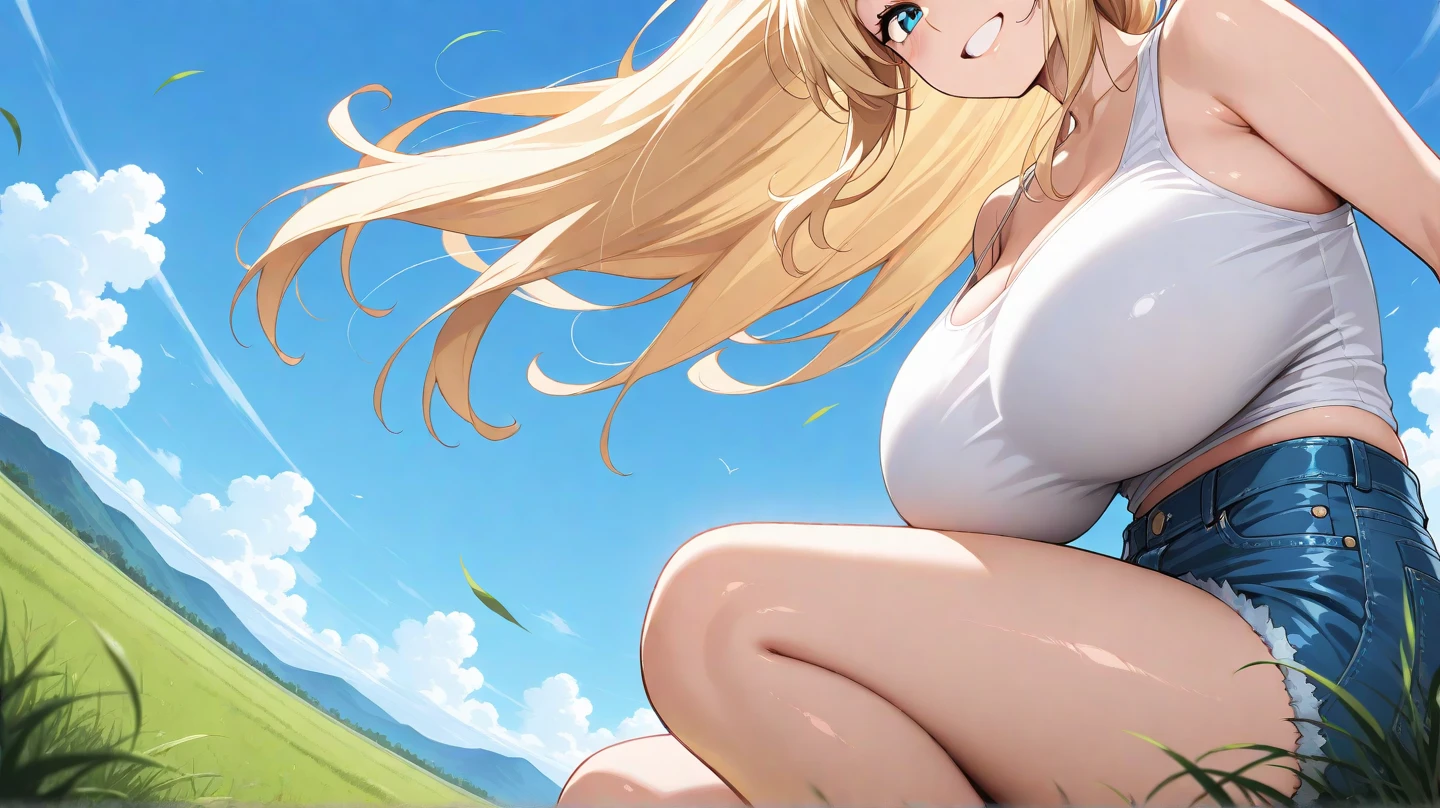 Big Breasts,blue sky,Blonde,Completely naked,Beige skin,Black socks,An anime character sitting on the ground with his head bowed, By Kentaro Miura,, Looking into the distance, The wind is blowing、Hair fluttering, smile,Ishida Sui Art Manga, Hair blowing in the wind, Beautiful anime outline, far!!, Pin on anime