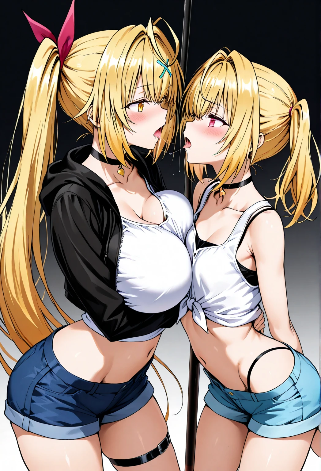 highest quality,wonderful,finely,extremely detailed CG Unity 8K wallpaper, (Stand in line:1.2), (3 girls, blonde, clothed), (huge breasts:1.1),(On all fours:1.3),(cleavage cutout), (open mouth:1.1), (long tongue:1.1), (mouth drool:1.1), (black stockings:1.1),(Thighs:1.2),(Waistline),(black blindfold, blindfold:1.3),black blindfold, blindfold:1.3), (From above)