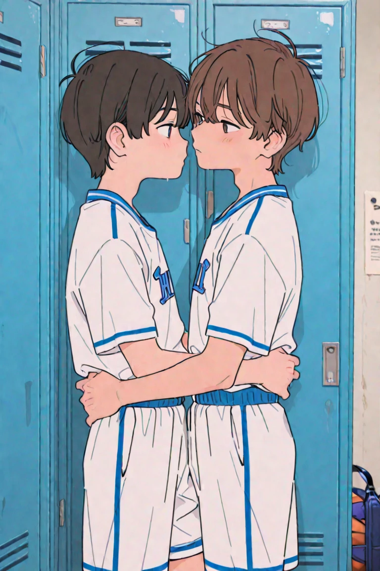 2 gay boys in silky sports shorts kissing eachother in a school changing room