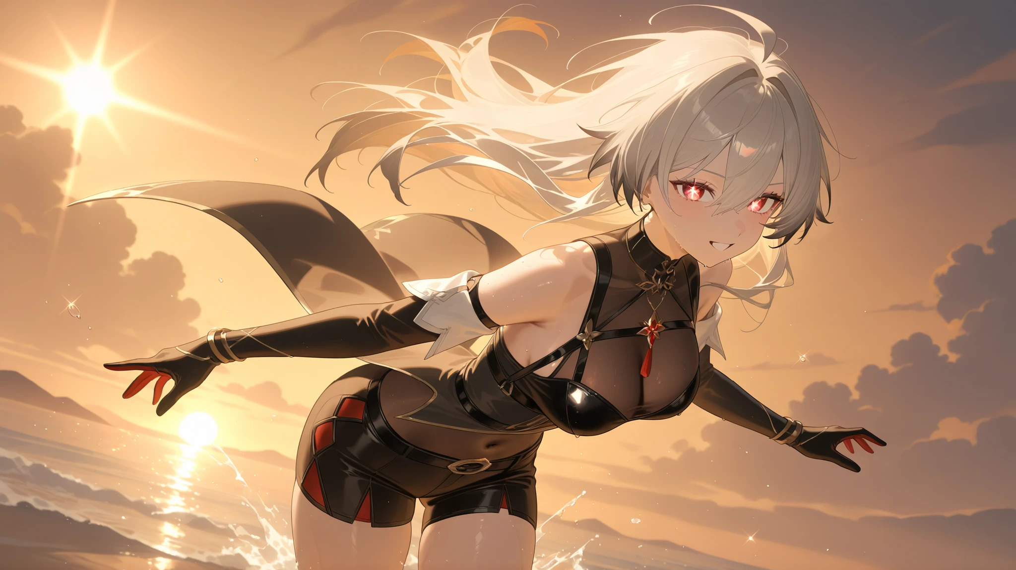 fantasy, silver hair, red eyes, black bikini armor, dark mage, sad, bare shoulders