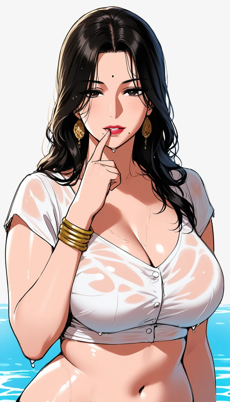 {8k image}, beautiful milf woman dancing in club, long wavy black hair, glowing long tassel earrings, bracelet, necklace cleavage, perfect body , wrist watch, detailed image, bracelet, blue eyes,red lipstick , bracelet , detailed face, upper body,white collar shirt,black coat,black pencil skirt,hair bun,kanzashi hair pin, jawline, garter belt