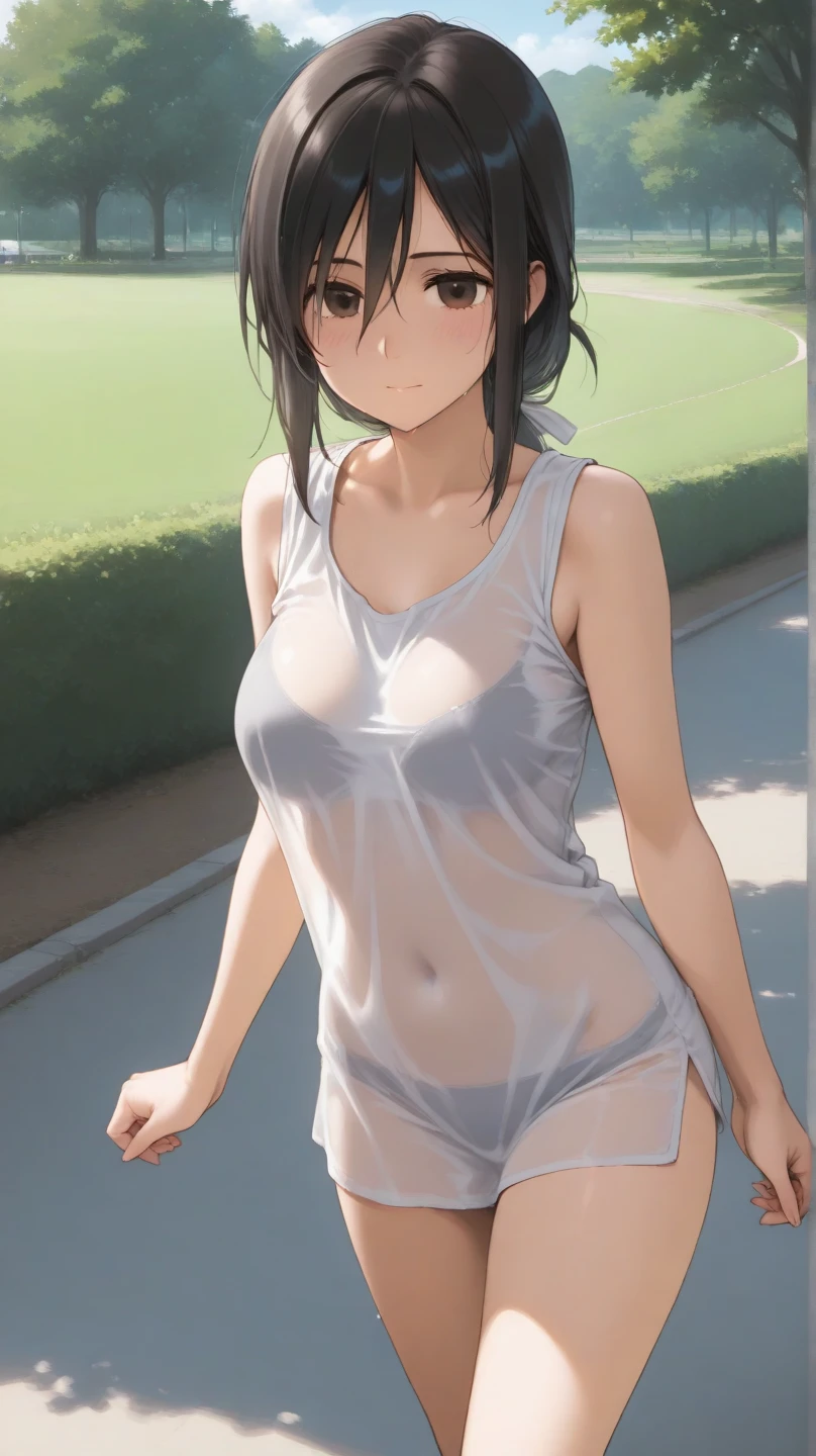 absurd, masterpiece, best quality, realistic, hyper-detailed, (shiny skin, sweaty:1.4), looking at viewer, slender, 1girl, solo, tennis wear, white polo shirt, white sneakers, white miniskirt, small breasts, (thick thighs:0.4), dynamic lighting, high resolution, sharp focus, depth of field, ponytail, black hair, blue eyes