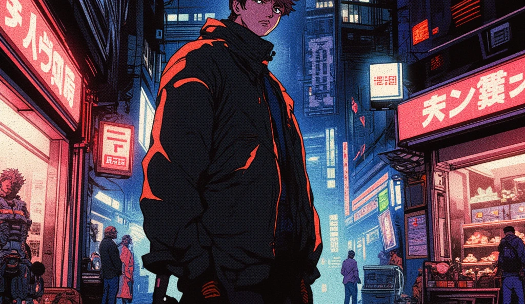 anime - style illustration of a anime guy, akira style illustration, akira art style, 8 0 s anime art style, in the style of akira, digital cyberpunk - anime art, akira artstyle, cyber space cowboy, 8 0 s anime style, akira vibes, in neo tokyo, akira color palette, futuristic tetsuo, Pop Art, masterpiece, accurate, Poster, anatomically correct, hand drawn, simple lines, tshirt design, vector art, illustration, digital art, anime style, magazine style, background in print, (style of darkest dungeon:1.1), hyperrealism, ethereal, cel shading, anime coloring, (anime screencap:1.2), (highly detailed,masterpiece, best quality:1.1),