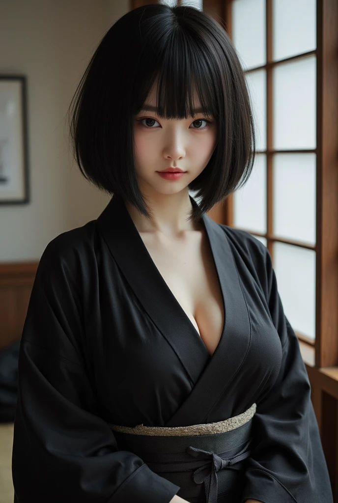 女の子1人、Shiny hair、A dark-haired、On-eyebrow bangs、Short Bob Cut Hair、Nicely aligned neckline、cute little、beatiful detailed eyes、Akame、Vampires、Teen、flat breast、small tits、White underwear、Wearing a black kimono、Squat movements、The main hall of the Japan Temple、Keep your back straight,Perfect Anatomy、depth of fields、Center the subject、(Photorealsitic:1.4)、fullllbody、extra detailed face、a scene from a movie、Natural Day Light