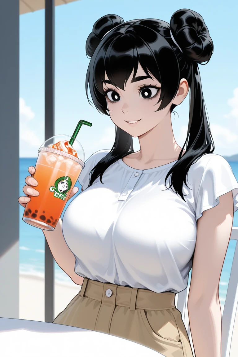 (tmasterpiece:1.4), (Best quality:1.4), anime,comic, 1girl,delicated face，huge boob,Hands-Free_Bubble_Tea_Challenge,Bubble Tea,Breast clamping milk tea