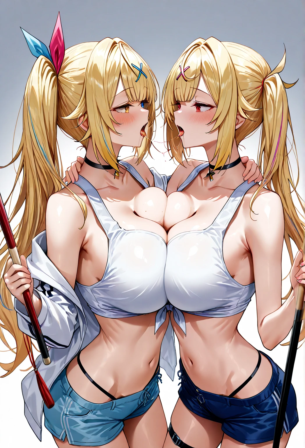 (Browsing Caution),(Two Girls:1.3),Front view,straight,duo,Upper Body,Kneel,masterpiece,Highest quality,so beautiful,Absurd,Alongside,line up,(concentrated),(Assertive_woman),(Light Hair),(Large Breasts),Micro Bikini, Completely naked,(Bright yellow hair),(Light blue hair),(Open your mouth),(White Breath:1.5),(straight-on),