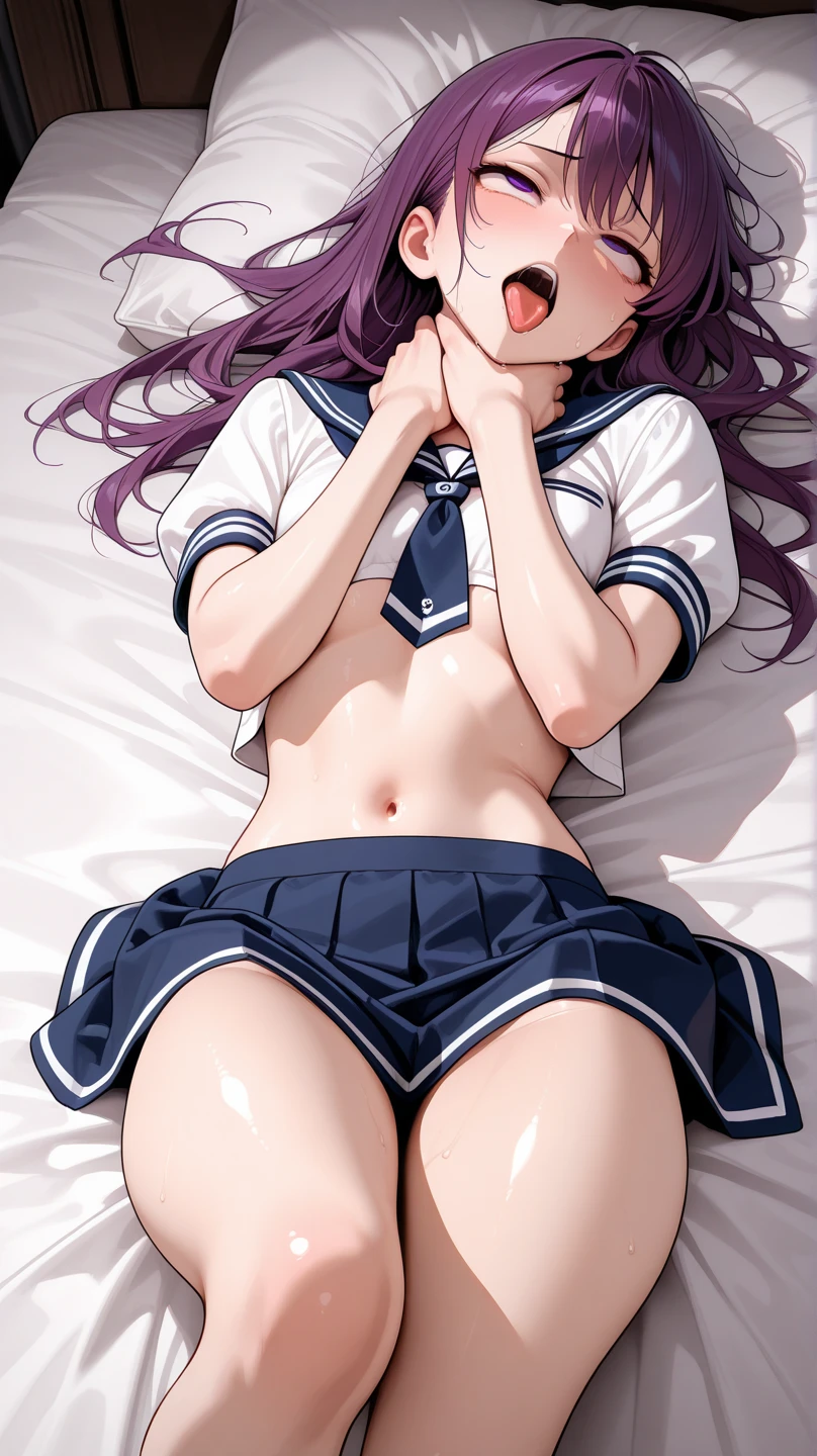very delicate and beautiful girl,8k wallpaper,masterpiece,danntoudainoaura,Bedroom,1 girl,alone,devil&#39;s horns,devil girl,long hair,medium breasts,(school uniform),((loose socks)),pumps,white blouse,(sit on bed),looking at the viewer、Photo from below、((sit cross-legged))、((sailor suit))、((mini skirt))、((black panties))