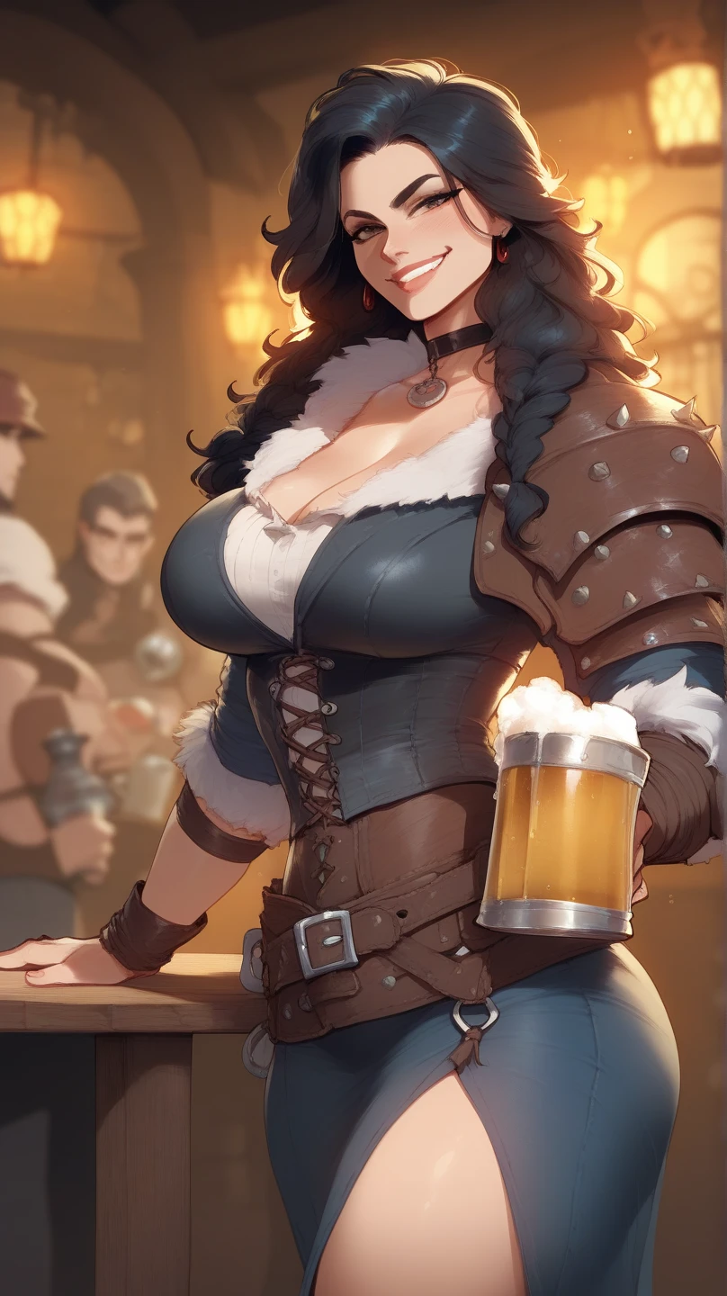 (masterpiece, top quality, best quality, official art, beautiful and aesthetic:1.2), (1girl:1.3), auburn hair in big curls, extremely detailed, portrait, looking at viewer, solo, (full body:0.6), detailed background, close up, (warm summer tavern theme:1.1), freckles, extremely busty tavern maid, bard, charlatan, smirk, mysterious, working in tavern, revealing bard attire, dirndl dress, dirndl, corset, straps, long boots, mugs of beer, ((((gigantic breasts, cleavage, skindentation)))), slim waist, slim hips, long legs, medieval (tavern interior:1.1) background, dark mysterious lighting, shadows, magical atmosphere, dutch angle