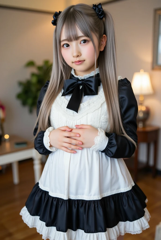 adorable, 1 girl, 10 years old, baby face, shy, full body portrait, (face details: 1), (eye details: 1), ((medium breasts, cleavage)). (white long-sleeved sailor uniform, black skirt: 1.2). Cute posed. proportional body. Ultra High Res. realistic: 1.4, UHD