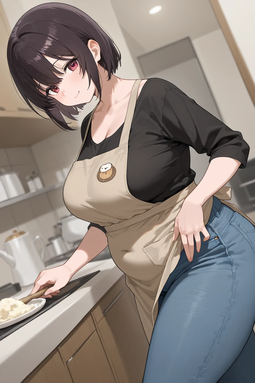 (Mature Woman:1.5), (mother:1.5), Ishtar, Fate Grand Order, (absurderes, 8K, 4K, masutepiece, hyper extreme detailed:1.2), Best Quality, Perfect ???????,Perfect face,Facing forward,High humidity, (alone:1.2), (Sweaty:1.3), shortness of breath, High humidity, humid, (Black Hair:1.1), Red eyes, Looking into the camera, (Very large breasts:1.5), Light clothing, apron, (kitchen;1.1), (Having a conversation:1.5), (Speech bubble:1.2), A kind smile, relief, peace of mind, mother性, Cooking, have a ladle, pot, pot-au-feu, choker, necklace