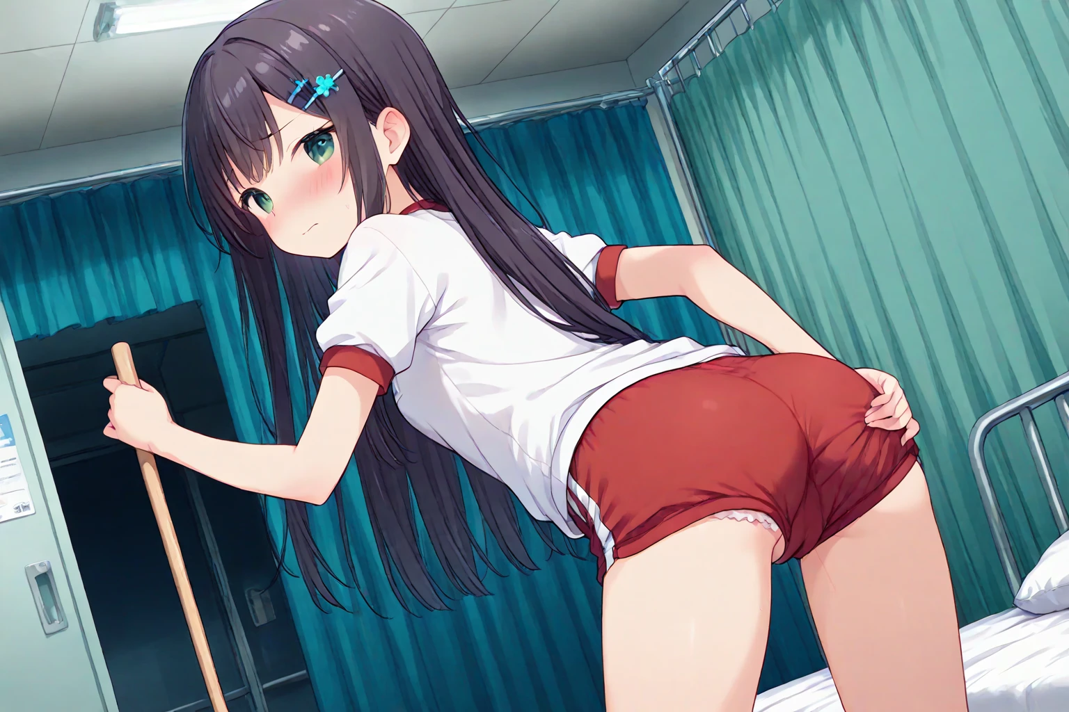 Yukimi, 10., Blunt bangs, Upper body naked,Black Hair,Shortcuts,,Flat Chest, Expressionless, shy, whole body, Highest quality, School classroom、Angle from below、Kneel、(Small panties:1.4)、(Masturbation:1.4)、Embarrassing、Small nipples