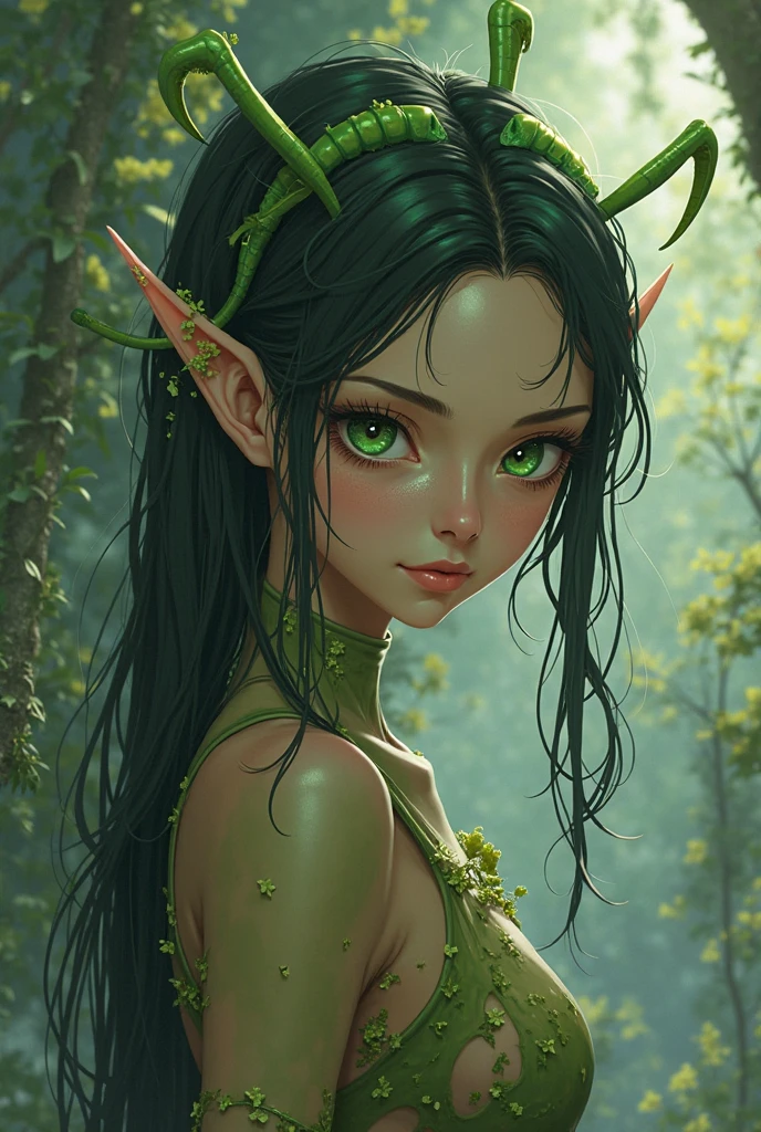 jungle, nidalee, league of legends, absurdres, highres, 1girl, bare shoulders, black hair, facial mark, green gem in forehead, green eyes, jewelry, long hair, necklace, ponytail, solo, tooth necklace, very long hair, hairband, masterpiece, best quality, portrait, beautiful face, dark skin, face close-up,tailed face, detailed eyes, detailed hands,elf girl, full body

