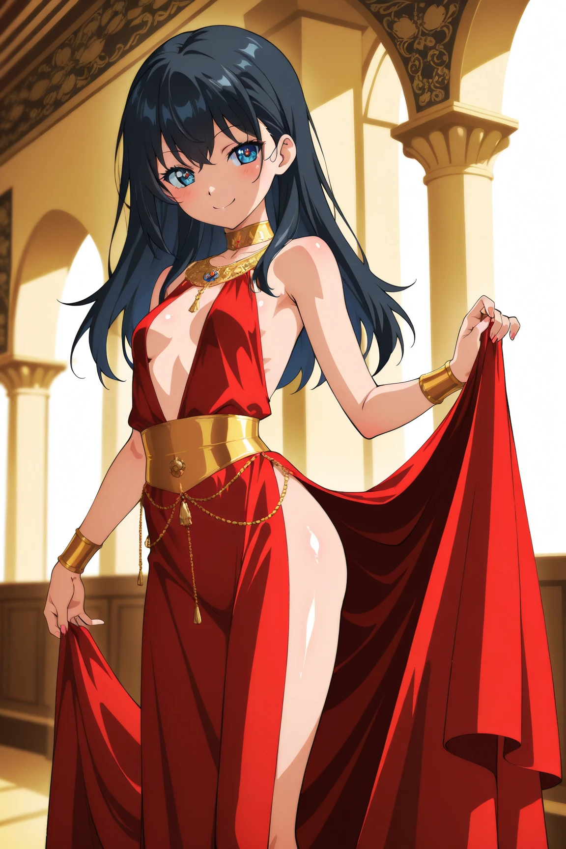 solo,
maomao,1girl,long hair,makeup,
red dress,wide_sleeves,midriff,shawl,
long_skirt,night stars,show tits,free the nipple