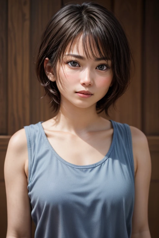 (Realistic Face:1.2), (CRYING FACE EXPRESSION:1.3), Chubby adorable, (sport bra), 1 girl, (face to face), 10 years old, baby face, happy, half body portrait, (face details: 1), (eye details: 1), ((flat breasts)). wearing transparent transparency soft soft long shirt, .. Cute posed. proportional body. Ultra High Res. realistic: 1.4, UHD, (leopard pattern), (punk shorthaircut), ((Sports Bra Latch))