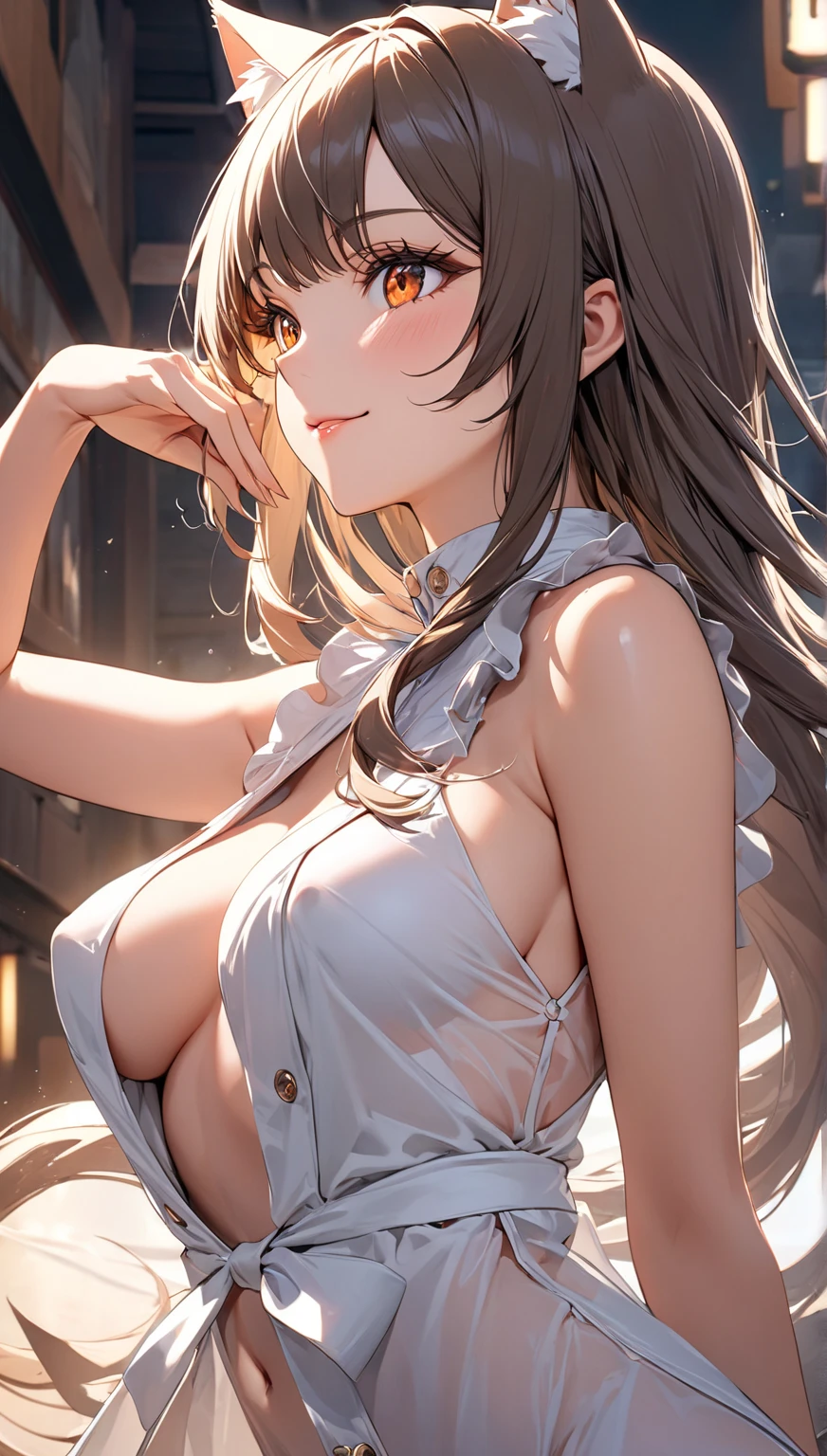 Game , goddess of victory nikke, Rapi , light brown hair, alluring eyes ,beautiful face , crystal red eyes , long hair , Korean ruffles blouse with off shoulders tops , blue colour , cleavage, armpit, necklace,white colour solid ribbed knit pencil skirt ,selfie wind, only 1pcs hand bag,,g cup breast, slender waist, bewitching thighs, five fingers each hand, two hand ,two leg , in town, date, standing, beautiful, high heels, cloudy, raining, clothes dripping wet, see through shirt , harded nipples, water dripping on body, puffing, blushing, hand behind head, seductive pose , sweating