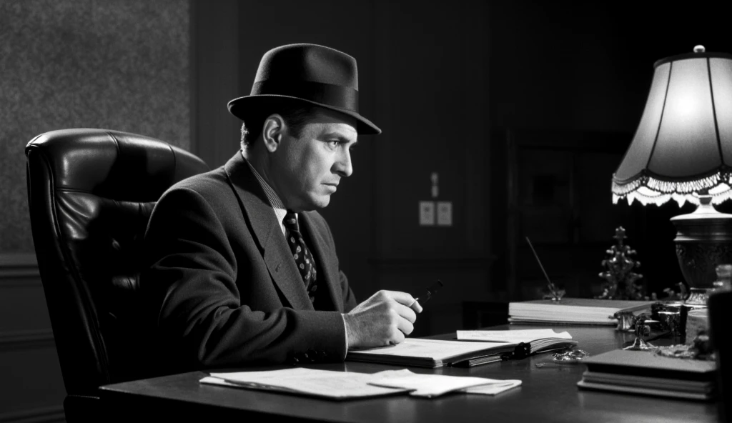 Film noir style,  <lora:Classic Film Noir style:1>
a man sitting at a desk typing on a typewriter,cinematic,film,Hollywood,crime,drama,dramatic,dramatic light,low light,dim light,low-key light,shadow,partially covered in shadow,window light,dark light,cynical,1940s,1950s,classic,vintage,retro,visual style,realistic,film still,black film,night light,blue hour,motion picture,filmmaking style,neorealism,classic film noir style,1boy,hat,monochrome,greyscale,male focus,necktie,smoke,watch,cigarette,smoking,wristwatch,lamp,fedora,cigar, Monochrome, high contrast, dramatic shadows, 1940s style, mysterious, cinematic