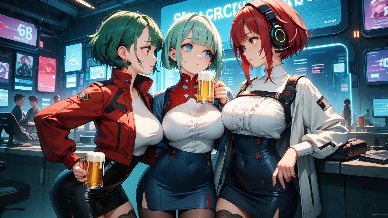 close up sexy young woman with adult appeal. She has pink hair. Her face is tilted slightly to the left and she appears radiant and happy, green eyes wide open and glowing with excitement. She is looking intently at a glass bottle full of drug capsules, with greater emphasis on the capsules, which she holds in her hands. cyberpunk theme.