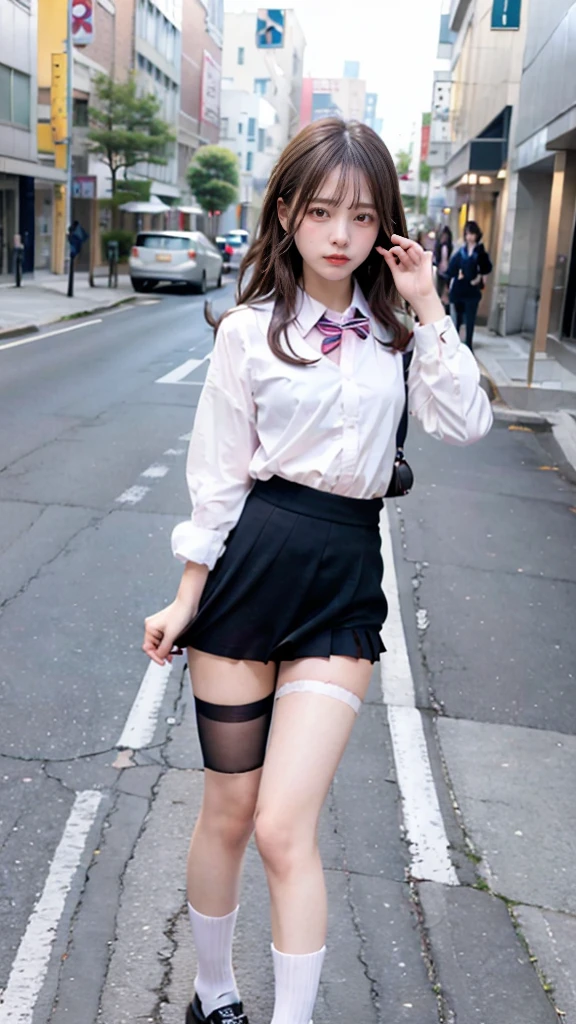 1 woman、(very beautiful)、(beautiful face:1.5)、(stand:1.4)、(Shot from the knee)、(detailed face:1.5)、(eye for detail:1.2)、(detailed lips:1.2)、(detailed nose:1.2)、(Lift up your skirt and expose your panties.:1.8)、(high school :1.5)、(plaid skirt:1.3)、(White transparent panties:1.5)、(school sweater)、(assembly:1.1)、(bare legs)、(brown hair)、(Sidewalk in Shibuya)、(In SFW:1.7)、(night:1.4)