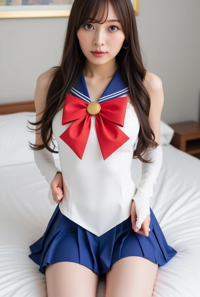 (8k、RAW Photos、Highest quality、masterpiece:1.2)、(Realistic、Realistic)、1 girl、((Sailor Moon Costume:1.3)、Large Breasts,Stand in a seductive pose、Shooting from below))、Lots of eyelashes、Glowing eyelids、(((skeletally correct)))、smile、This photo will awaken boys to sex.、(((Always wear panties)))、(((Close-up shot)))
