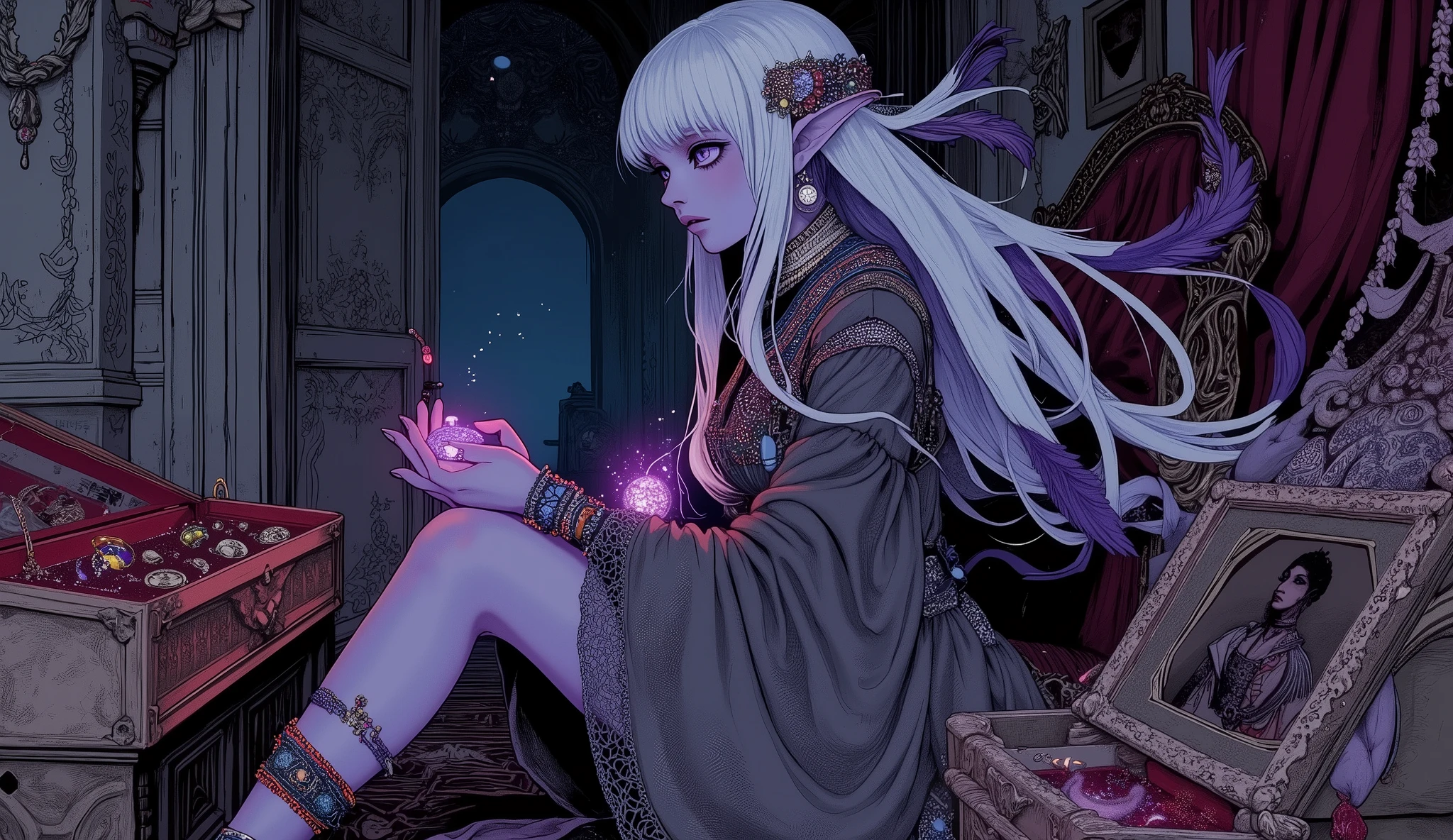 (A fusion of Ukiyo-e and dark fantasy. Aesthetic and gothic digital art. Illustrations are drawn from the perspective of looking up diagonally from the ground.) BREAK
(White hair. Blunt bangs. White eyebrows. Long white eyelashes. Almond-shaped eyes. Lavender eyes. Dark, thick eyeliner. Small pink lips. Slightly pointy ears. Dark, dark purple skin. Thin limbs. Thin fingers. White fingernails. One thumb and four fingers accurately drawn.) BREAK
(The world of the Dracula legend is set in medieval Romania. It is late at night and very dark. A female vampire hunter, a dark elf, is in a lavishly furnished room in Count Dracula's castle, her back turned and her body twisted in a daring pose and action, holding a ring with a black-purple aura from an opulent platinum jewelry box with a velvet bottom, containing a strange, ancient ring, bracelet, necklace, tiara, and hairpin. He holds a ring with a black-purple aura from the The room is well-kept, and portraits of Count Dracula and his beautiful wife hang on the walls. The woman wears a choker adorned with colorful beads and red and blue jewels, a church-like tunic of gray linen, and a Turkish silk cloth elegantly wrapped around her waist. She wears a gray, thin, transparent organza skirt with a deep slit, braided sandals, and beaded bracelets and anklets on her wrists and ankles. She weaves beautifully colored bird feathers into her hair.)