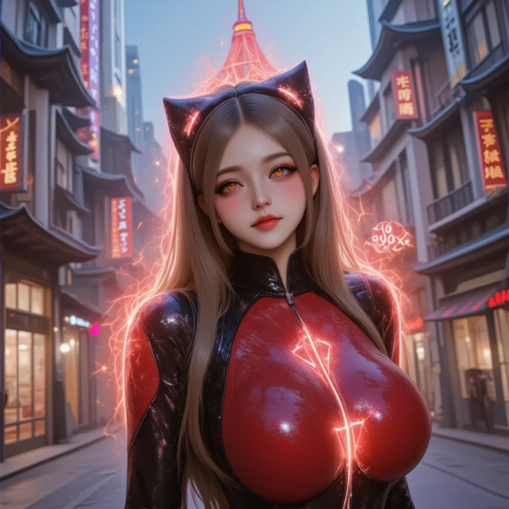 (RAW photo, best quality, masterpiece:1.2), (realistic, photo-realistic:1.4),(masterpiece:1.4),(best quality:1.4),1girl, solo, :d, cat ear headphones, arms up, bangs, blush, bodysuit, breasts, bunny pose, clothes writing, cowboy shot, cropped jacket, gloves, (((cyberpunk city streets background))), hair intakes, headphones, tech bodysuit, impossible clothes, tech jacket, large breasts, latex, latex bodysuit, long hair, long sleeves, looking at viewer, large breasts, open mouth, pink bodysuit, pink eyes, red jacket, shiny clothes, shrug \(clothing\), sidelocks, skin tight, smile, (laughing), ((thigh gap)), thighs, twintails, very long hair, white gloves, white hair,alice \(nikke\),(shiny skin),realistic.