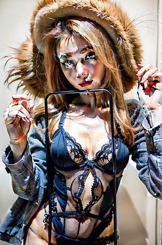 （high resolution、high quality、High resolution、masterpiece、detailed）、Mature 1 female、38 years old、messy long curly hair、looking at the camera、(lean body:1.5)、(small breasts:1.5）、（Gunmetal type half lingerie:1.7)