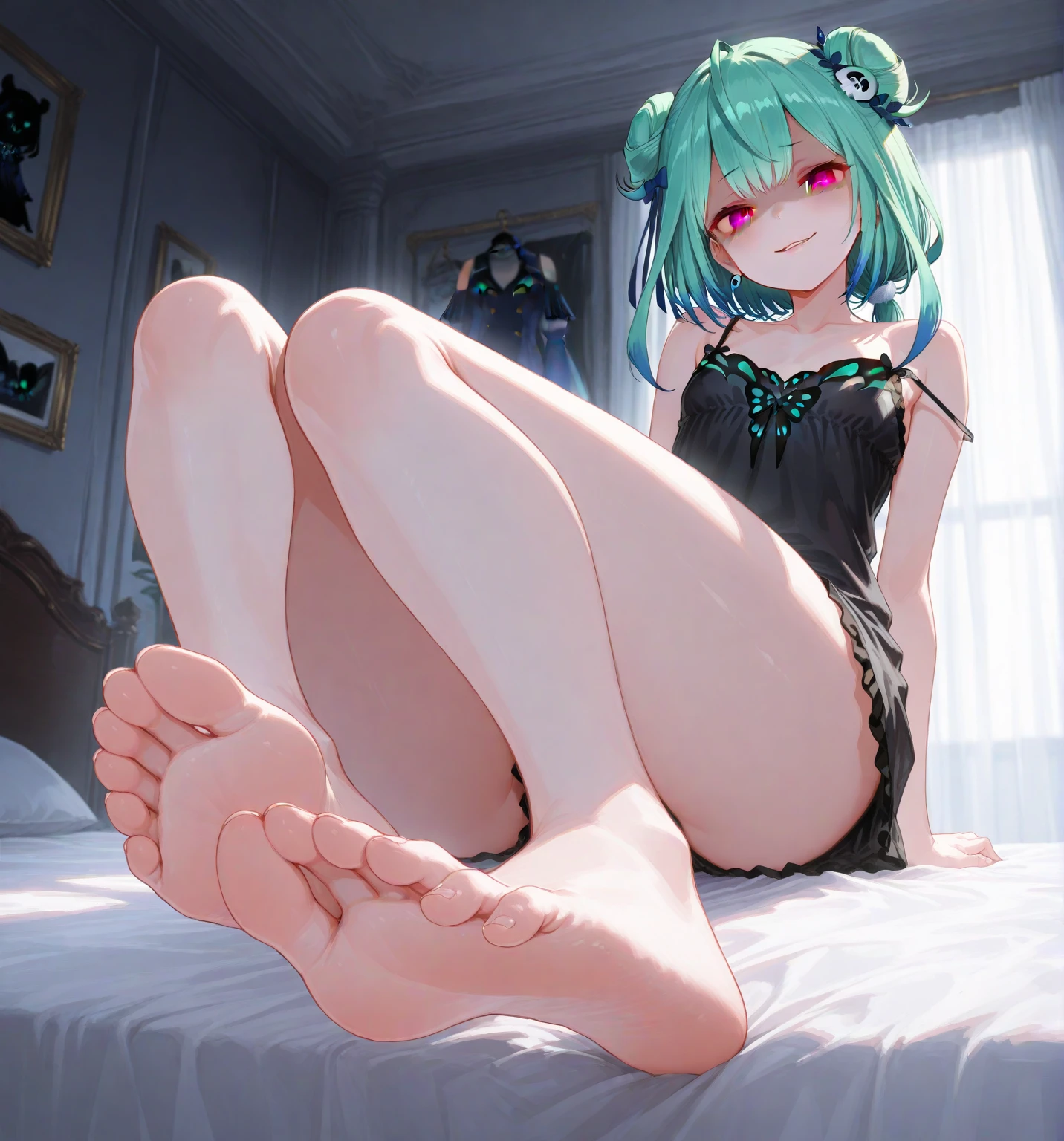Rebecca, 1girl, green hair, long straight hair, white skin, long hair, colored sclera, red sclera, artificial eye, perfect anatomy, solo, in apartment, night time, bedroom, on bed, large bed, laying on back, (naked:1.2), (legs spread open and apart, hands on bed, feet on bed), (vagina, butthole, and nipples showing) 