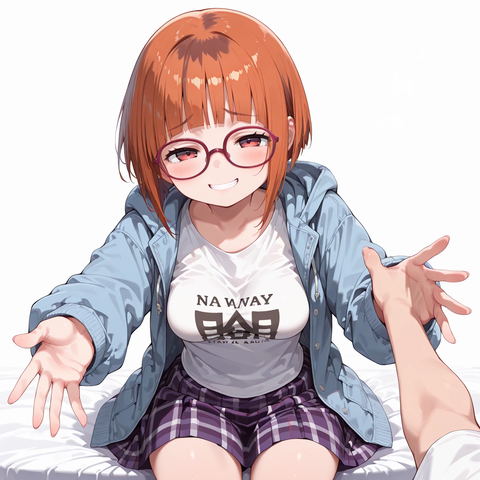 lolicon, pink shirt, torn black skirt, torn white panties, hanging from a bar, blue eyes, glasses, embarassed, (bitten in the ass by grey wolf)