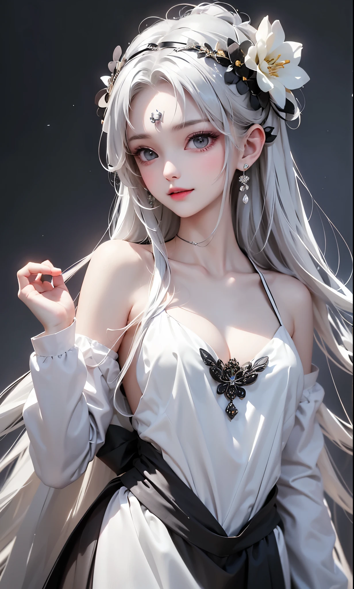 best quality, masterpiece,white hair, gold eyes,white clothes, looking up, upper body,hair strand,Fair skin,side braids