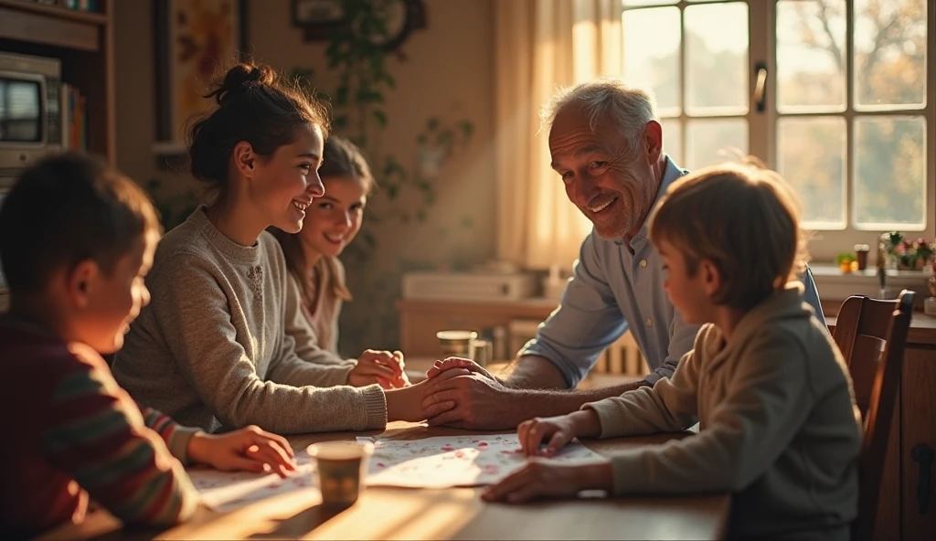 A photo of a happy grandfather and grandmother, preferably in a family environment playing with the grandchildren to build things