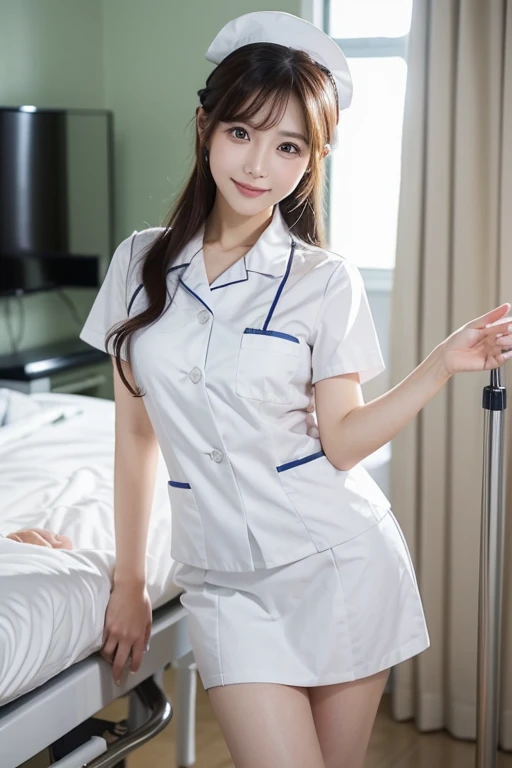 (1girl)、(Japanese、27 years old、Refreshing、clear、seems kind、stylish、(narrow eyes)、Pitiful、cute like an angel、cute、black eyes、Idol,actress,), Good style and slenderness, (Beautiful big breasts:0.7),(soft breasts),(very cute),(brown hair),,(tendrils),(medium long hair),(enchanting eyes),(highlight on eyes:1.2)、(8K、Live shooting、highest quality、masterpiece:1.2、optimal lighting)、((masterpiece)),(Photo taken by a professional photographer),(real、photo real:1.4),break,{ (white nurse costume),(((taraditional nurse uniform))),(white nurse mini skirt),(( pantyhose)),(cleavage:0.7)},(Smile1.0),(cheeks are red:1.2)、,((talking to a patient lying in bed:1.2))、Face close-up:1.3,Looking at viewer、Mouth wide open, break, break,Hospital room,Hospital bed,Mouth wide open:1.3、lace bra、lace panty