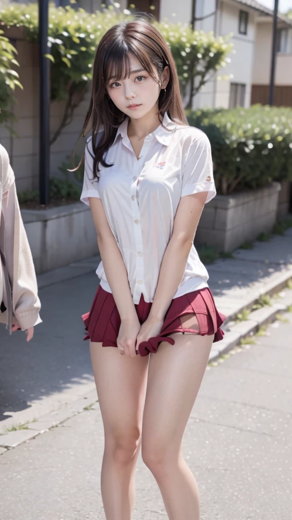 8 year old asian with very long tails, hairpin, big ribbon, simple clothes, skirt, embarrassed look, chibi