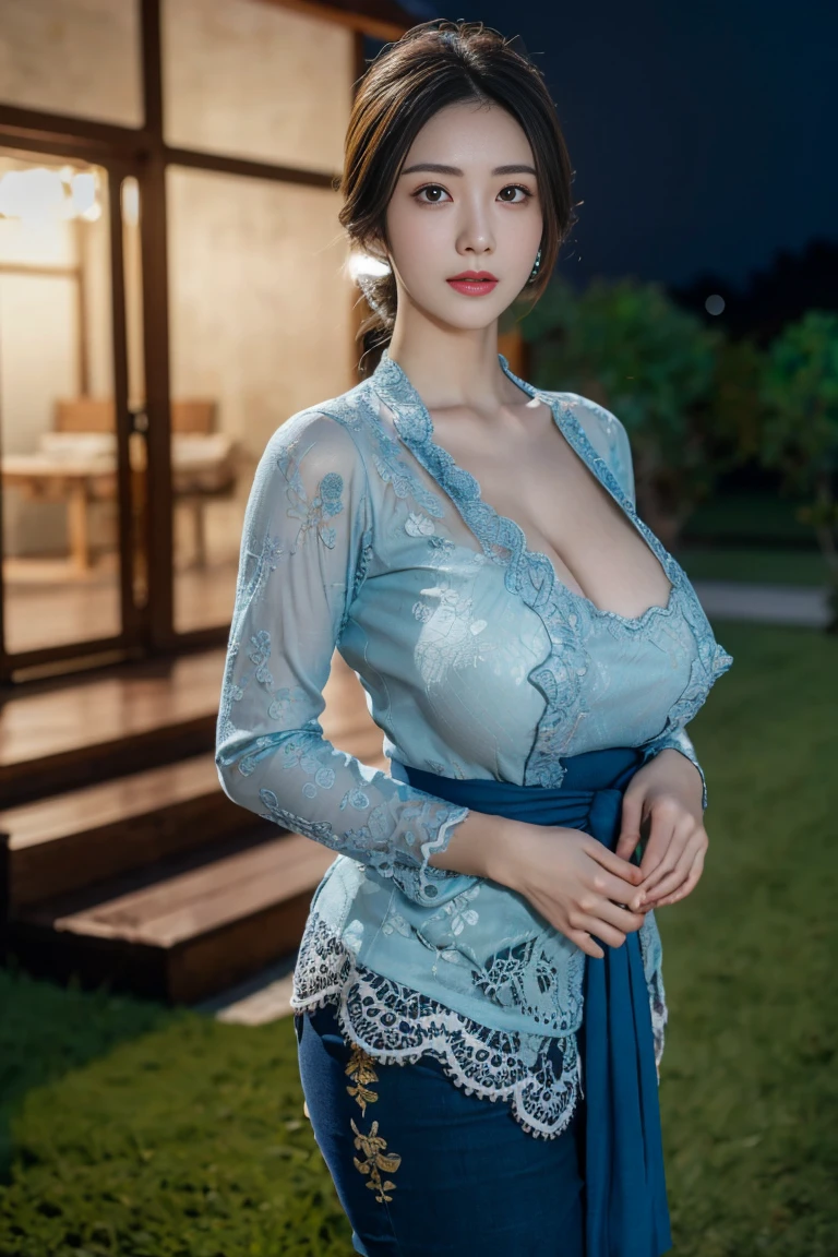 Professional, High level of detail, close up photo (attractive mature 55yo woman:1.3),long black hair with hair ribbon, tied up, gray eyes, (wearing long sleeve red satin kebaya with detailes blue batik ornament, long skirt)1.455,ray tracing, natural lighting, (seductive:1.1), (blushing:1.1 ), (classy, elegant, dandy)1.2, (round big breasts)1.2 (pokies)1.3, (toned body, hourglass body shape) (wipe hips), (full body with visible face and eyes)1.5, glasses, earnings, big tree, sit down at bench, city, necklace, tattoo on breast, crossed leg